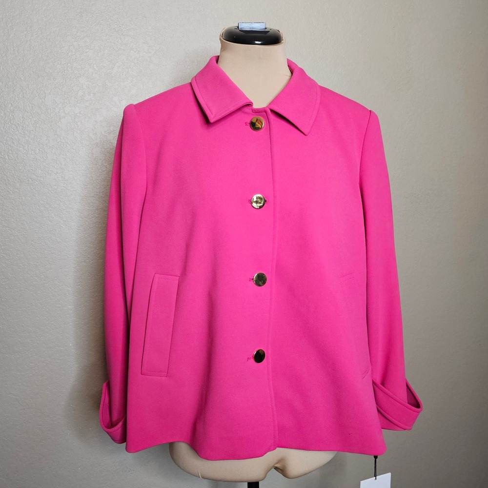 NWT Calvin Klein Womens Pink Button‎ Front Crepe Swing Jacket Gold Buttons 14P